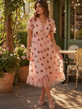 Pink Strawberry Print Mesh Midi Dress Puff Sleeve Cottagecore Sheer Overlay S